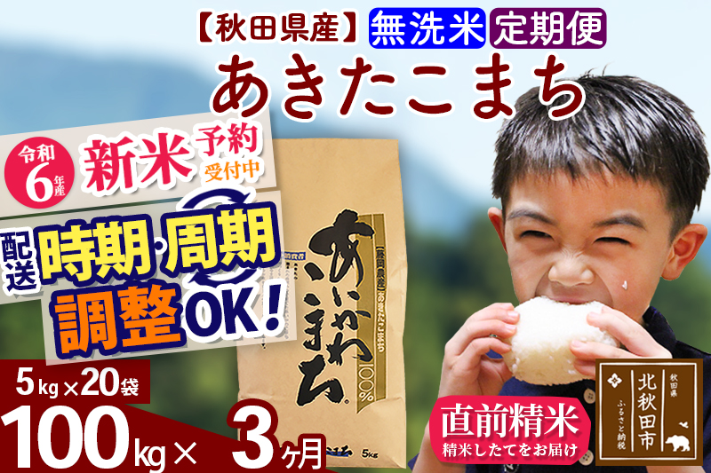 ※令和6年産 新米予約※《定期便3ヶ月》秋田県産 あきたこまち 100kg【無洗米】(5kg小分け袋) 2024年産 お届け時期選べる お届け周期調整可能 隔月に調整OK お米 藤岡農産