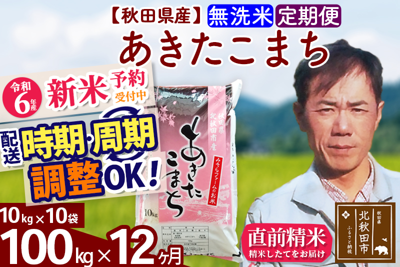 ※令和6年産 新米予約※《定期便12ヶ月》秋田県産 あきたこまち 100kg【無洗米】(10kg袋) 2024年産 お届け時期選べる お届け周期調整可能 隔月に調整OK お米 みそらファーム