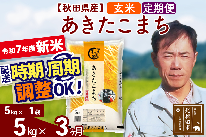 ※令和7年産 新米※《定期便3ヶ月》秋田県産 あきたこまち 5kg【玄米】(5kg小分け袋) 2025年産 お届け時期選べる お届け周期調整可能 隔月に調整OK お米 みそらファーム