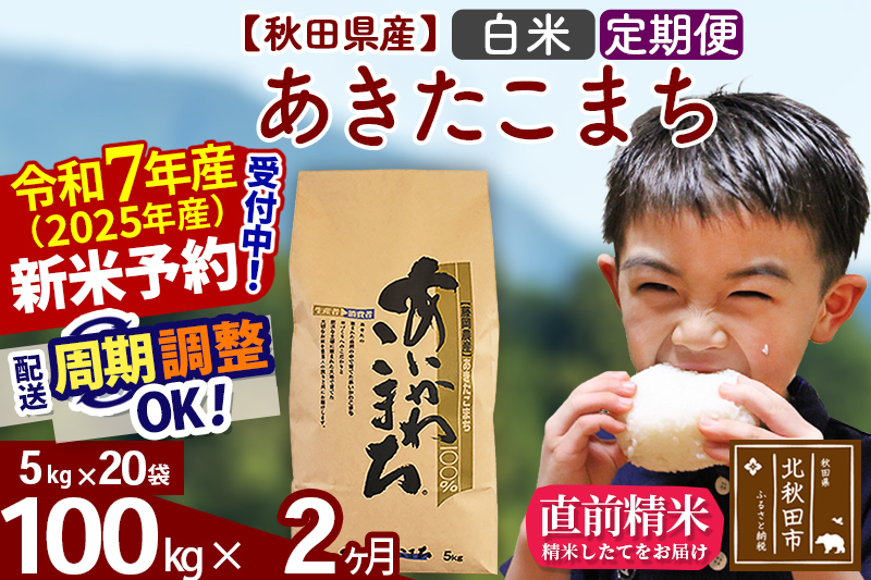 ※令和7年産 新米予約※《定期便2ヶ月》秋田県産 あきたこまち 100kg【白米】(5kg小分け袋) 2025年産 お届け周期調整可能 隔月に調整OK お米 藤岡農産