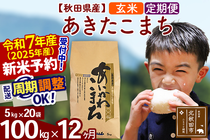 ※令和7年産 新米予約※《定期便12ヶ月》秋田県産 あきたこまち 100kg【玄米】(5kg小分け袋) 2025年産 お届け周期調整可能 隔月に調整OK お米 藤岡農産