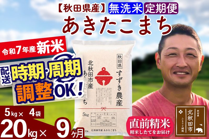 ※令和7年産 新米※《定期便9ヶ月》秋田県産 あきたこまち 20kg【無洗米】(5kg小分け袋) 2025年産 お届け時期選べる お届け周期調整可能 隔月に調整OK お米 すずき農産