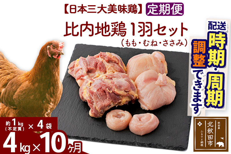 《定期便10ヶ月》 比内地鶏 1羽セット（もも・むね・ささみ） 約4kg（約1kg（不定貫）×4袋）×10回 計40kg 時期選べる お届け周期調整可能 10か月 10ヵ月 10カ月 10ケ月 40キロ 国産 冷凍 正肉 鶏肉 鳥肉