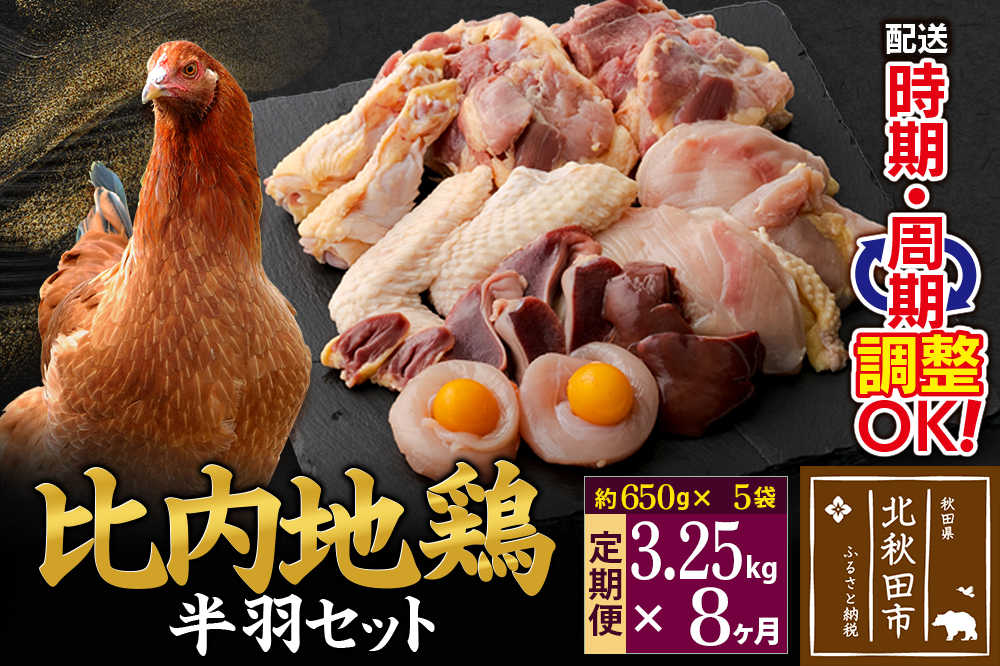 《定期便8ヶ月》 比内地鶏 鶏肉セット（半羽） 3.25kg（650g×5袋）×8回 計26kg 時期選べる お届け周期調整可能 8か月 8ヵ月 8カ月 8ケ月 26キロ 国産 冷凍 鶏肉 鳥肉 とり肉