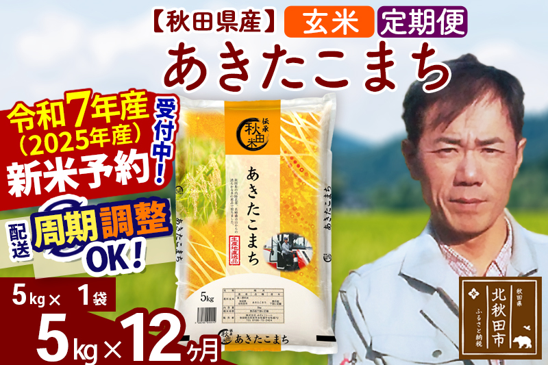 ※令和7年産 新米予約※《定期便12ヶ月》秋田県産 あきたこまち 5kg【玄米】(5kg小分け袋) 2025年産 お届け周期調整可能 隔月に調整OK お米 みそらファーム