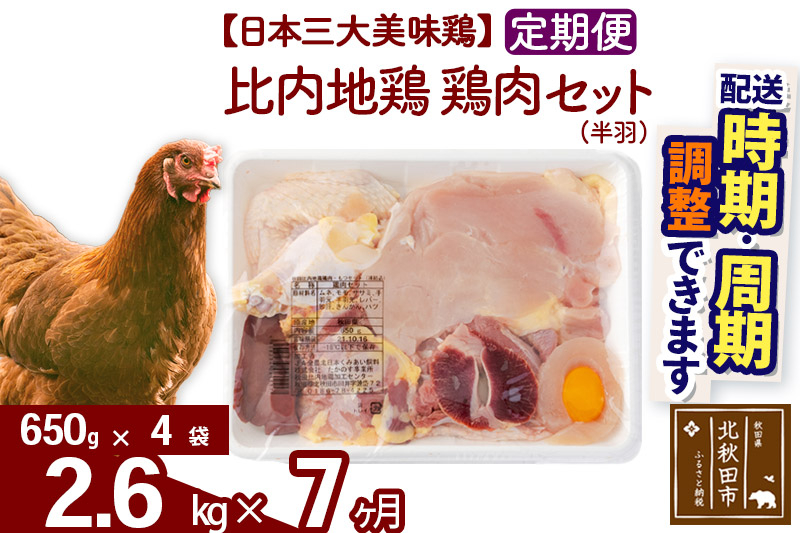 《定期便7ヶ月》 比内地鶏 鶏肉セット（半羽） 2.6kg（650g×4袋）×7回 計18.2kg 時期選べる お届け周期調整可能 7か月 7ヵ月 7カ月 7ケ月 18.2キロ 国産 冷凍 鶏肉 鳥肉 とり肉