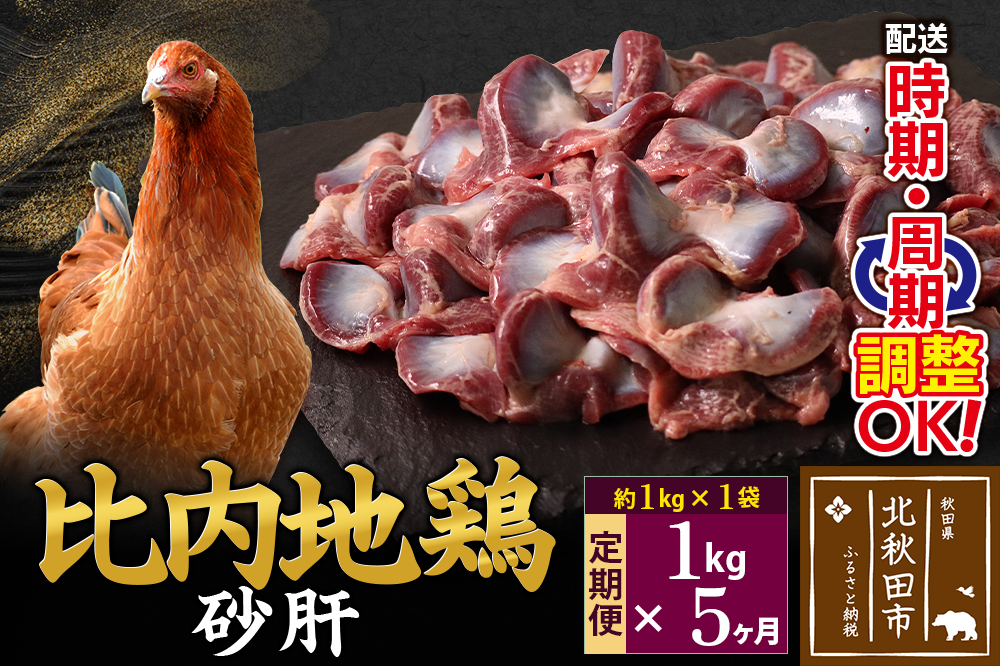 《定期便5ヶ月》 比内地鶏 砂肝 1kg（1kg×1袋）×5回 計5kg 時期選べる お届け周期調整可能 5か月 5ヵ月 5カ月 5ケ月 5キロ 国産 冷凍 鶏肉 鳥肉 とり肉 すなぎも