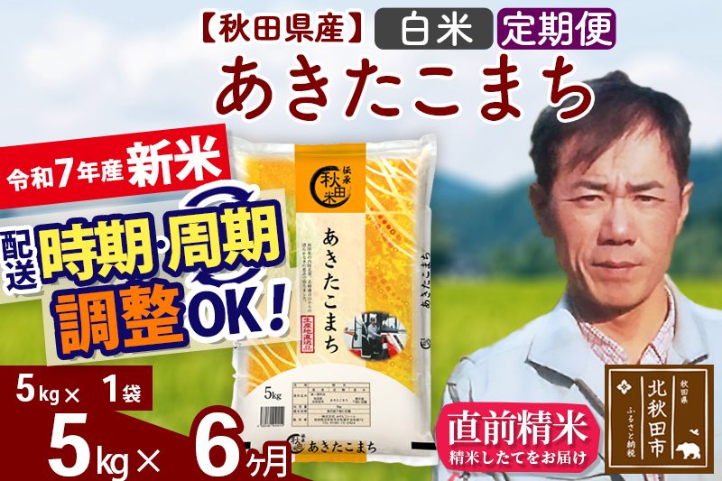 ※令和7年産 新米※《定期便6ヶ月》秋田県産 あきたこまち 5kg【白米】(5kg小分け袋) 2025年産 お届け時期選べる お届け周期調整可能 隔月に調整OK お米 みそらファーム