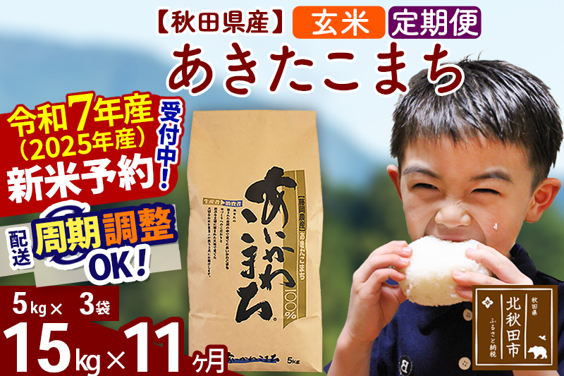 ※令和7年産 新米予約※《定期便11ヶ月》秋田県産 あきたこまち 15kg【玄米】(5kg小分け袋) 2025年産 お届け周期調整可能 隔月に調整OK お米 藤岡農産