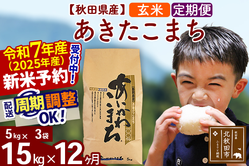 ※令和7年産 新米予約※《定期便12ヶ月》秋田県産 あきたこまち 15kg【玄米】(5kg小分け袋) 2025年産 お届け周期調整可能 隔月に調整OK お米 藤岡農産