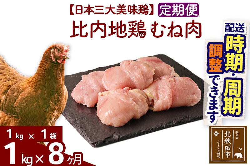《定期便8ヶ月》 比内地鶏 むね肉 1kg（1kg×1袋）×8回 計8kg 【選べる配送時期】