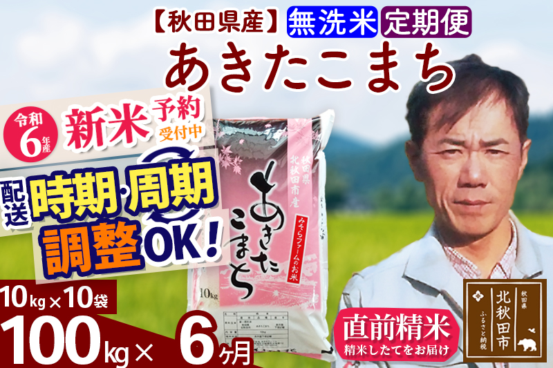 ※令和6年産 新米予約※《定期便6ヶ月》秋田県産 あきたこまち 100kg【無洗米】(10kg袋) 2024年産 お届け時期選べる お届け周期調整可能 隔月に調整OK お米 みそらファーム