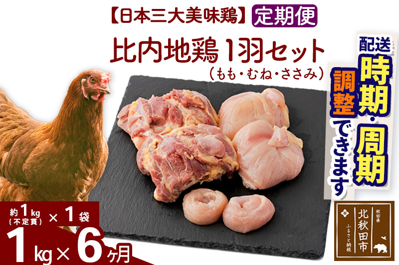 《定期便6ヶ月》 比内地鶏 1羽セット（もも・むね・ささみ） 約1kg（約1kg（不定貫）×1袋）×6回 計6kg 時期選べる お届け周期調整可能 6か月 6ヵ月 6カ月 6ケ月 6キロ 国産 冷凍 正肉 鶏肉 鳥肉