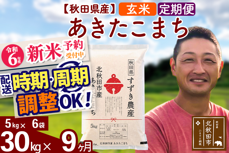 ※令和6年産 新米予約※《定期便9ヶ月》秋田県産 あきたこまち 30kg【玄米】(5kg小分け袋) 2024年産 お届け時期選べる お届け周期調整可能 隔月に調整OK お米 すずき農産