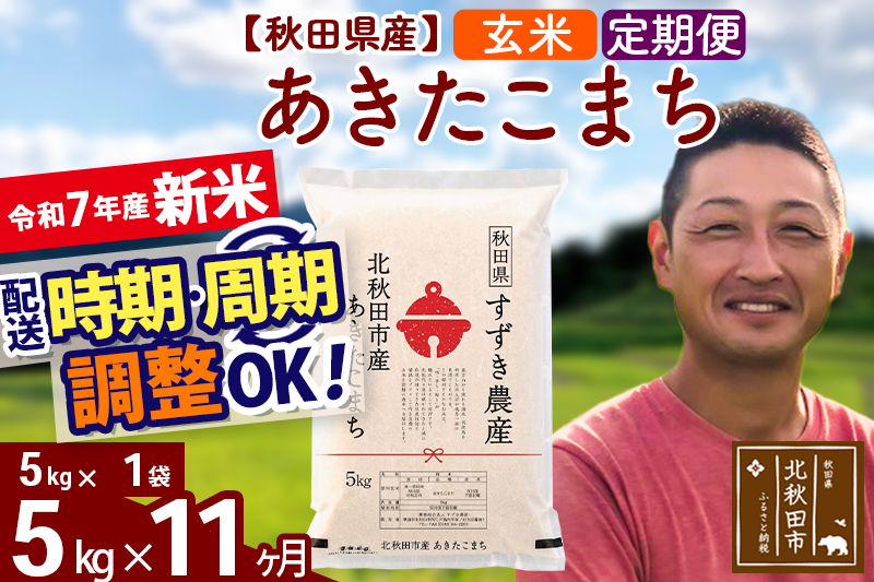 ※令和7年産 新米※《定期便11ヶ月》秋田県産 あきたこまち 5kg【玄米】(5kg小分け袋) 2025年産 お届け時期選べる お届け周期調整可能 隔月に調整OK お米 すずき農産