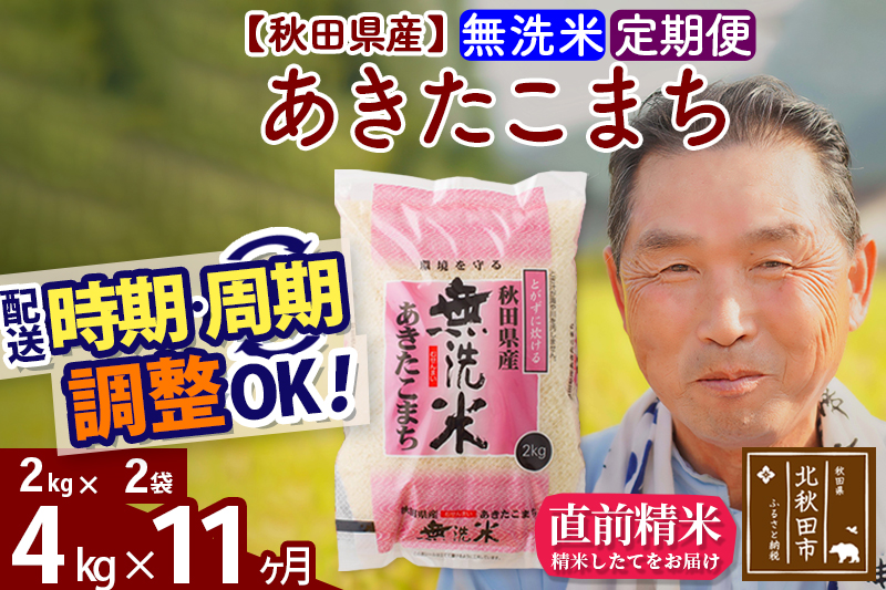 ※令和6年産 新米※《定期便11ヶ月》秋田県産 あきたこまち 4kg【無洗米】(2kg小分け袋) 2024年産 お届け時期選べる お届け周期調整可能 隔月に調整OK お米 おおもり