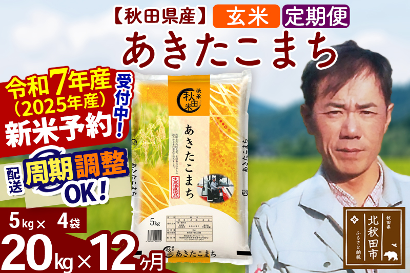 ※令和7年産 新米予約※《定期便12ヶ月》秋田県産 あきたこまち 20kg【玄米】(5kg小分け袋) 2025年産 お届け周期調整可能 隔月に調整OK お米 みそらファーム