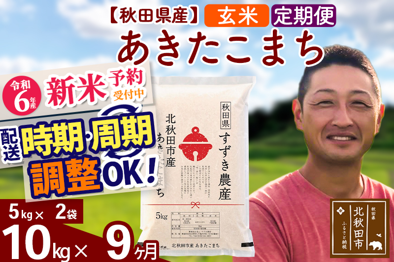 ※令和6年産 新米予約※《定期便9ヶ月》秋田県産 あきたこまち 10kg【玄米】(5kg小分け袋) 2024年産 お届け時期選べる お届け周期調整可能 隔月に調整OK お米 すずき農産