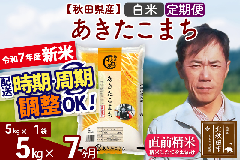 ※令和7年産 新米※《定期便7ヶ月》秋田県産 あきたこまち 5kg【白米】(5kg小分け袋) 2025年産 お届け時期選べる お届け周期調整可能 隔月に調整OK お米 みそらファーム