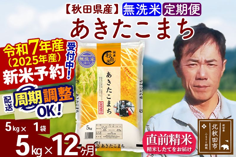 ※令和7年産 新米予約※《定期便12ヶ月》秋田県産 あきたこまち 5kg【無洗米】(5kg小分け袋) 2025年産 お届け周期調整可能 隔月に調整OK お米 みそらファーム