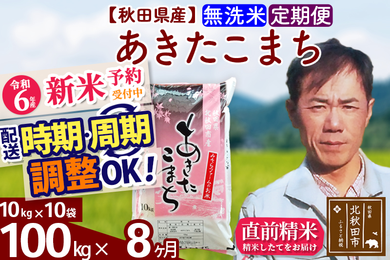 ※令和6年産 新米予約※《定期便8ヶ月》秋田県産 あきたこまち 100kg【無洗米】(10kg袋) 2024年産 お届け時期選べる お届け周期調整可能 隔月に調整OK お米 みそらファーム