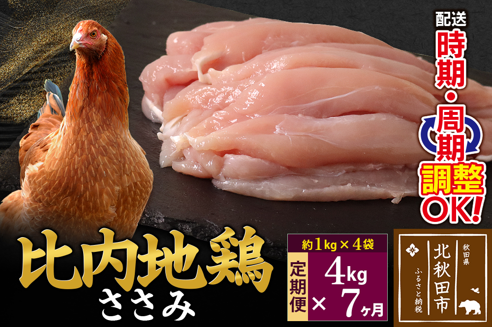 《定期便7ヶ月》 比内地鶏 ささみ 4kg（1kg×4袋）×7回 計28kg 時期選べる お届け周期調整可能 7か月 7ヵ月 7カ月 7ケ月 28キロ 国産 冷凍 鶏肉 鳥肉 とり肉 ササミ