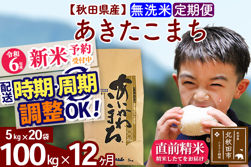 ※令和6年産 新米予約※《定期便12ヶ月》秋田県産 あきたこまち 100kg【無洗米】(5kg小分け袋) 2024年産 お届け時期選べる お届け周期調整可能 隔月に調整OK お米 藤岡農産