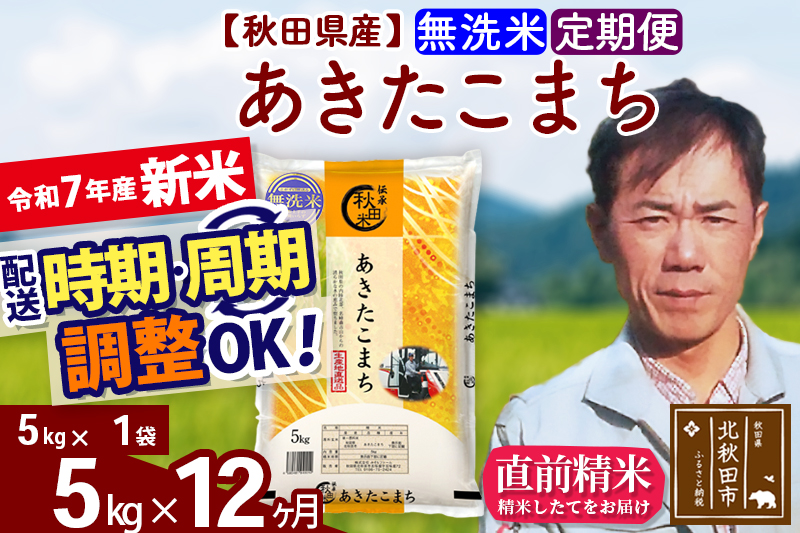 ※令和7年産 新米※《定期便12ヶ月》秋田県産 あきたこまち 5kg【無洗米】(5kg小分け袋) 2025年産 お届け時期選べる お届け周期調整可能 隔月に調整OK お米 みそらファーム