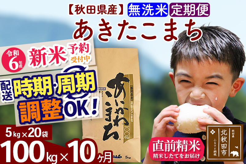 ※令和6年産 新米予約※《定期便10ヶ月》秋田県産 あきたこまち 100kg【無洗米】(5kg小分け袋) 2024年産 お届け時期選べる お届け周期調整可能 隔月に調整OK お米 藤岡農産