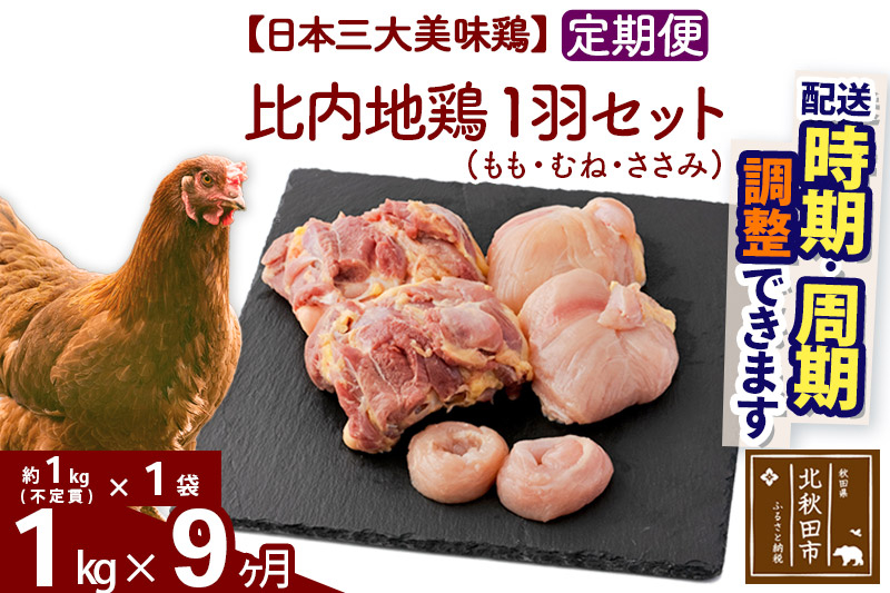 《定期便9ヶ月》 比内地鶏 1羽セット（もも・むね・ささみ） 約1kg（約1kg（不定貫）×1袋）×9回 計9kg 時期選べる お届け周期調整可能 9か月 9ヵ月 9カ月 9ケ月 9キロ 国産 冷凍 正肉 鶏肉 鳥肉