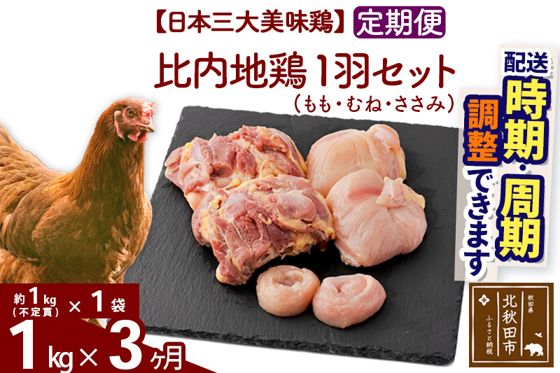 《定期便3ヶ月》 比内地鶏 1羽セット（もも・むね・ささみ） 約1kg（約1kg（不定貫）×1袋）×3回 計3kg 時期選べる お届け周期調整可能 3か月 3ヵ月 3カ月 3ケ月 3キロ 国産 冷凍 正肉 鶏肉 鳥肉