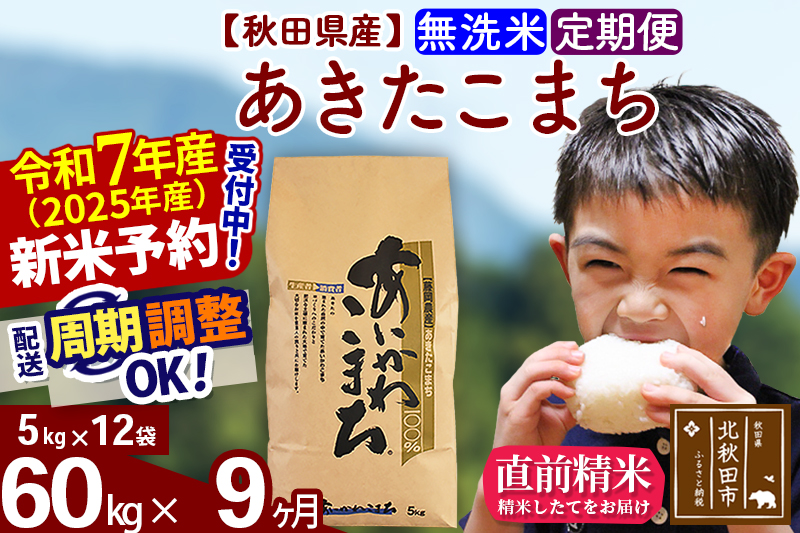 ※令和7年産 新米※《定期便9ヶ月》秋田県産 あきたこまち 60kg【無洗米】(5kg小分け袋) 2025年産 お届け時期選べる お届け周期調整可能 隔月に調整OK お米 藤岡農産