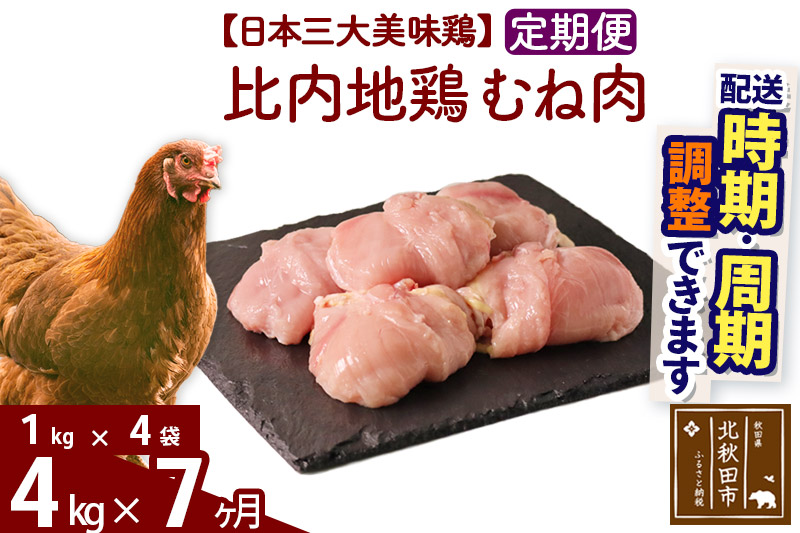 《定期便7ヶ月》 比内地鶏 むね肉 4kg（1kg×4袋）×7回 計28kg 【選べる配送時期】