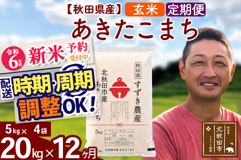 ※令和6年産 新米予約※《定期便12ヶ月》秋田県産 あきたこまち 20kg【玄米】(5kg小分け袋) 2024年産 お届け時期選べる お届け周期調整可能 隔月に調整OK お米 すずき農産