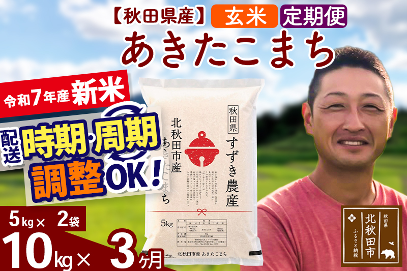 ※令和7年産 新米※《定期便3ヶ月》秋田県産 あきたこまち 10kg【玄米】(5kg小分け袋) 2025年産 お届け時期選べる お届け周期調整可能 隔月に調整OK お米 すずき農産