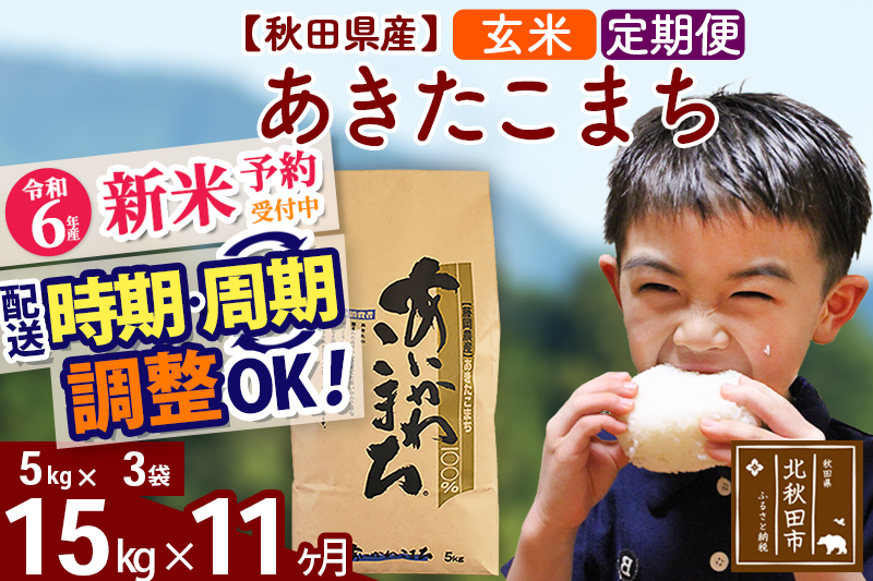 ※令和6年産 新米予約※《定期便11ヶ月》秋田県産 あきたこまち 15kg【玄米】(5kg小分け袋) 2024年産 お届け時期選べる お届け周期調整可能 隔月に調整OK お米 藤岡農産