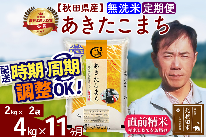 ※令和7年産※《定期便11ヶ月》秋田県産 あきたこまち 4kg【無洗米】(2kg小分け袋)2025年産 お届け時期選べる お届け周期調整可能 隔月に調整OK お米 みそらファーム
