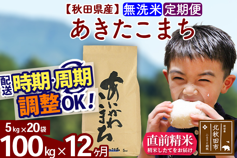 ※令和7年産※《定期便12ヶ月》秋田県産 あきたこまち 100kg【無洗米】(5kg小分け袋) 2025年産 お届け時期選べる お届け周期調整可能 隔月に調整OK お米 藤岡農産
