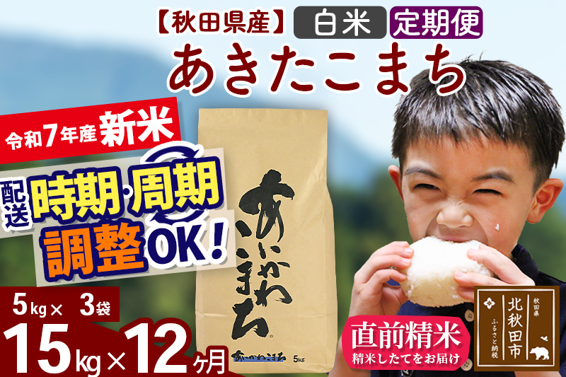 ※令和7年産 新米※《定期便12ヶ月》秋田県産 あきたこまち 15kg【白米】(5kg小分け袋) 2025年産 お届け時期選べる お届け周期調整可能 隔月に調整OK お米 藤岡農産