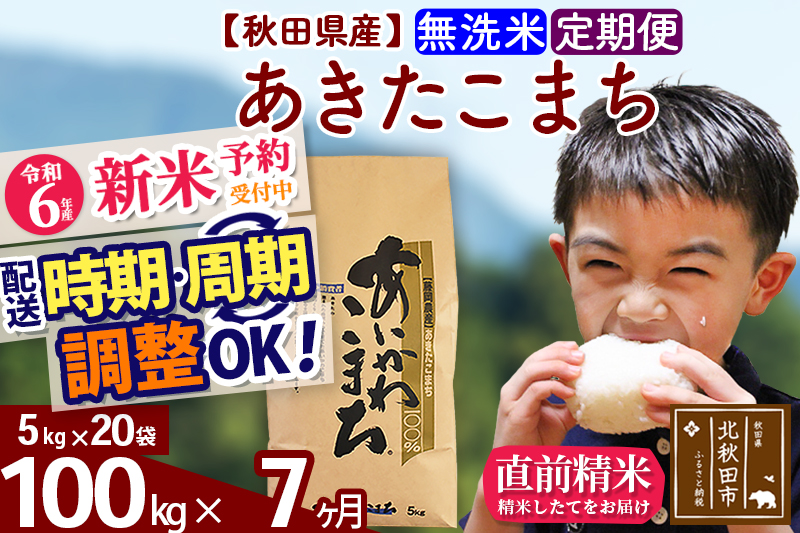 ※令和6年産 新米予約※《定期便7ヶ月》秋田県産 あきたこまち 100kg【無洗米】(5kg小分け袋) 2024年産 お届け時期選べる お届け周期調整可能 隔月に調整OK お米 藤岡農産