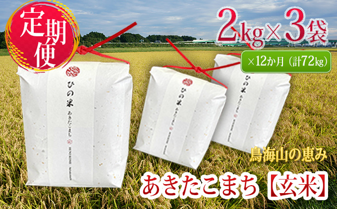 《定期便》6kg×12ヶ月 秋田県産 あきたこまち 玄米 2kg×3袋 神宿る里の米「ひの米」（お米 小分け 1年）