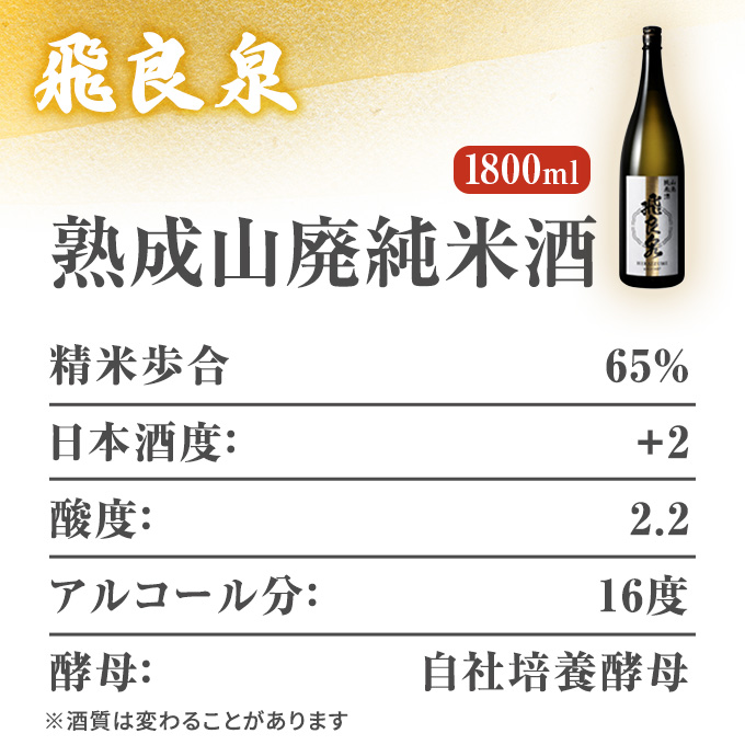 飛良泉 熟成山廃 純米酒 1.8L（日本酒  秋田）