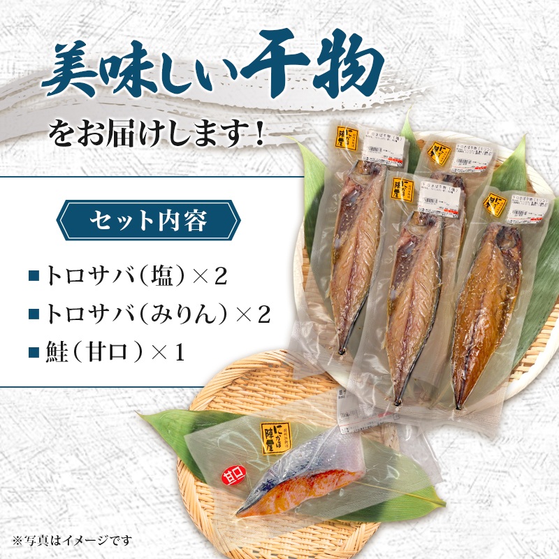 干物小セットB 5品 ＜トロさば（塩）×2 トロさば（みりん）×2 鮭（甘口)×1＞【 にかほ市 干物 干し物 魚 贈り物 晩御飯 おつまみ 冷凍 保存 】