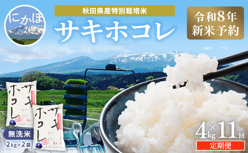 【令和8年産 新米予約】≪11ヵ月定期便≫【無洗米】秋田県産特別栽培米サキホコレ4kg（2kg×2袋）新米 お米 おこめ 精米 小分け 定期便 特別栽培米