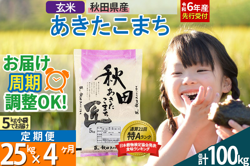 【玄米】＜令和6年産 予約＞ 《定期便4ヶ月》秋田県産 あきたこまち 25kg (5kg×5袋)×4回 25キロ お米【お届け周期調整 隔月お届けも可】