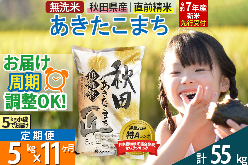 【無洗米】＜令和7年産 新米予約＞《定期便11ヶ月》秋田県産 あきたこまち 5kg (5kg×1袋) ×11回 5キロ お米【お届け周期調整 隔月お届けも可】 新米