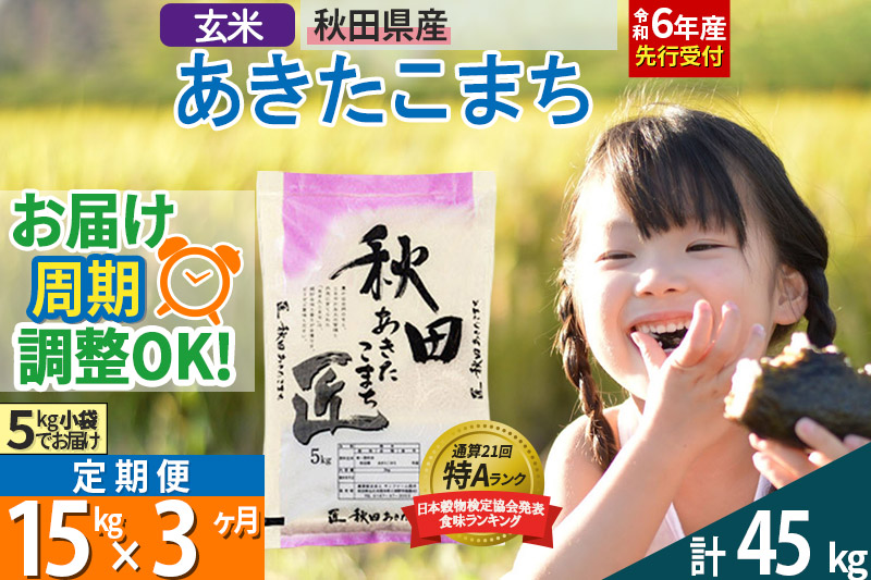 【玄米】＜令和6年産 予約＞ 《定期便3ヶ月》秋田県産 あきたこまち 15kg (5kg×3袋)×3回 15キロ お米【お届け周期調整 隔月お届けも可】