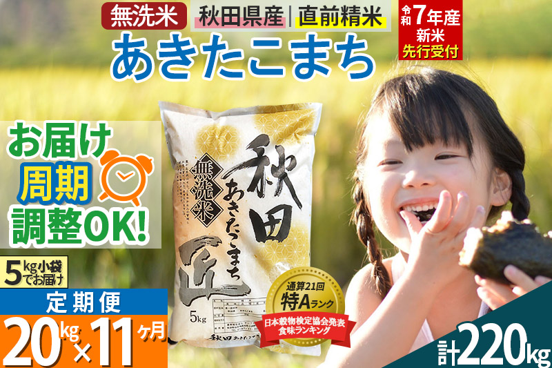 【無洗米】＜令和7年産 新米予約＞《定期便11ヶ月》秋田県産 あきたこまち 20kg (5kg×4袋) ×11回 20キロ お米【お届け周期調整 隔月お届けも可】 新米