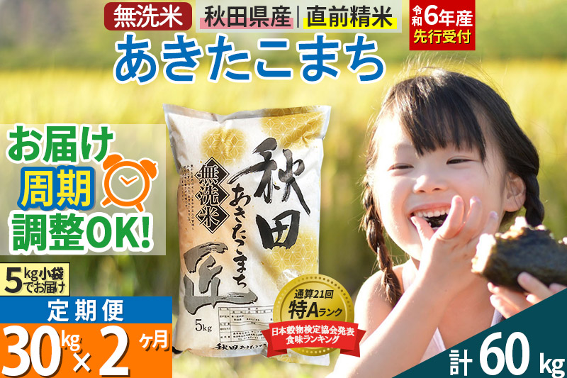 【無洗米】＜令和6年産 予約＞《定期便2ヶ月》秋田県産 あきたこまち 30kg (5kg×6袋) ×2回 30キロ お米【お届け周期調整 隔月お届けも可】