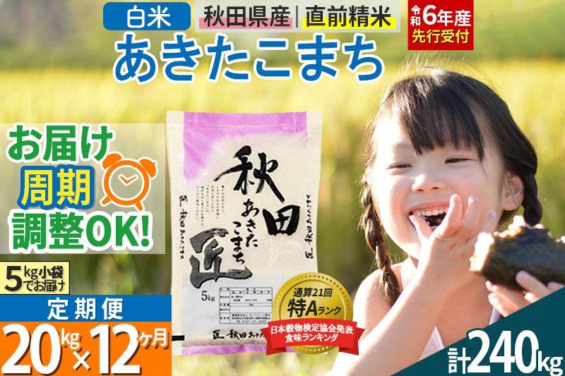 【白米】＜令和6年産 予約＞ 《定期便12ヶ月》秋田県産 あきたこまち 20kg (5kg×4袋)×12回 20キロ お米【お届け周期調整 隔月お届けも可】